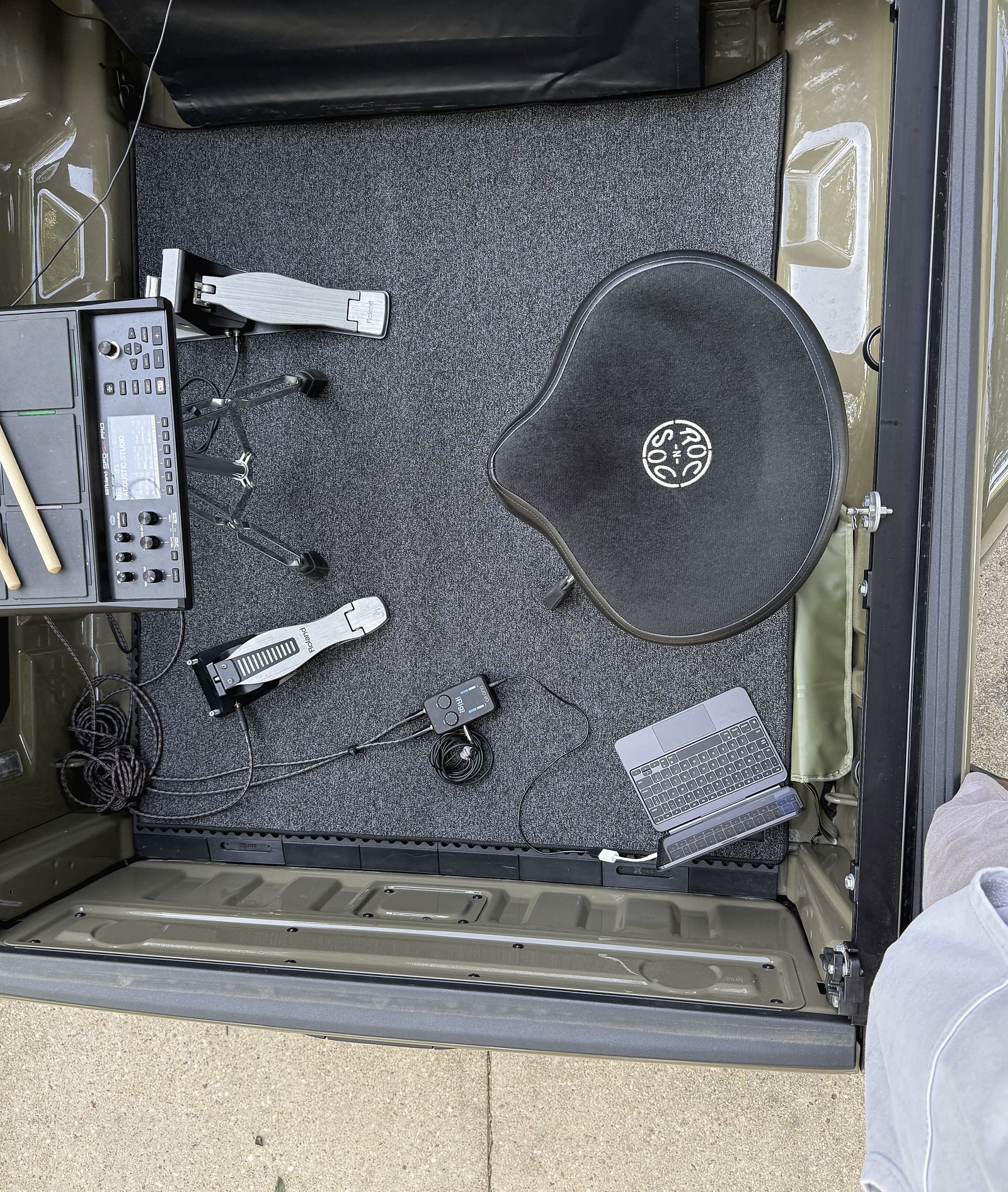 The truck-bed rig, packed clean — the mobile capture and playback chain